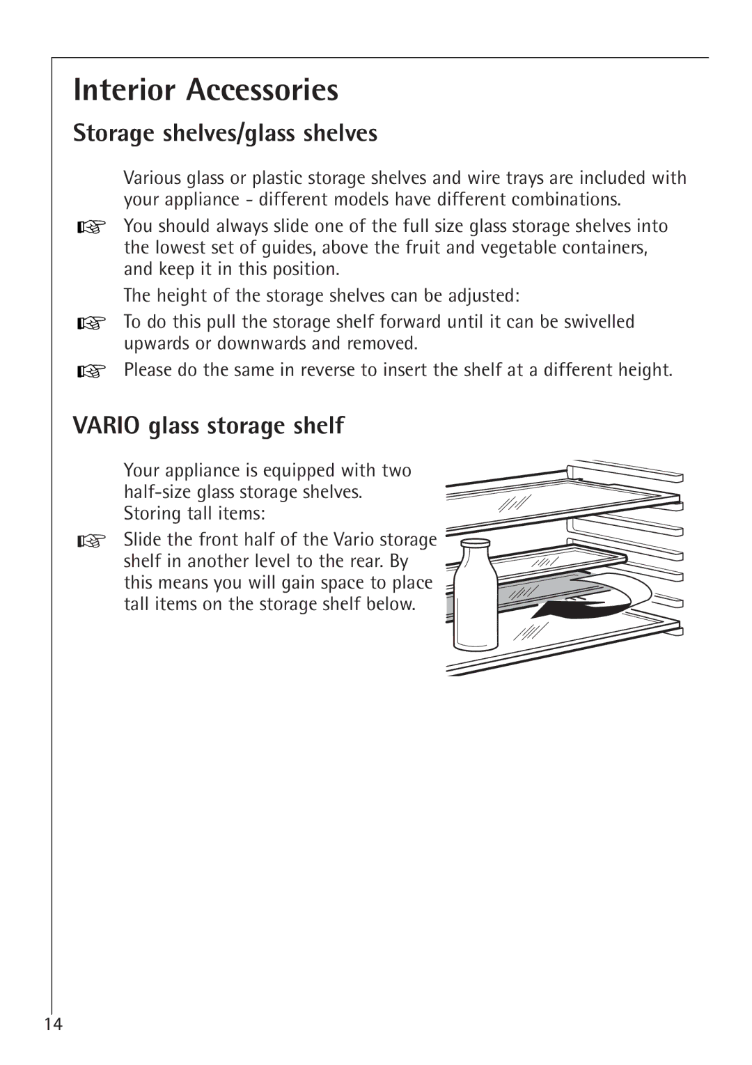 AEG 1450-7 TK manual Interior Accessories, Storage shelves/glass shelves, Vario glass storage shelf 