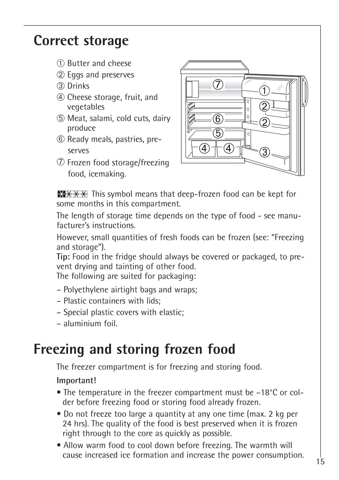 AEG 1450-7 TK manual Correct storage, Freezing and storing frozen food 