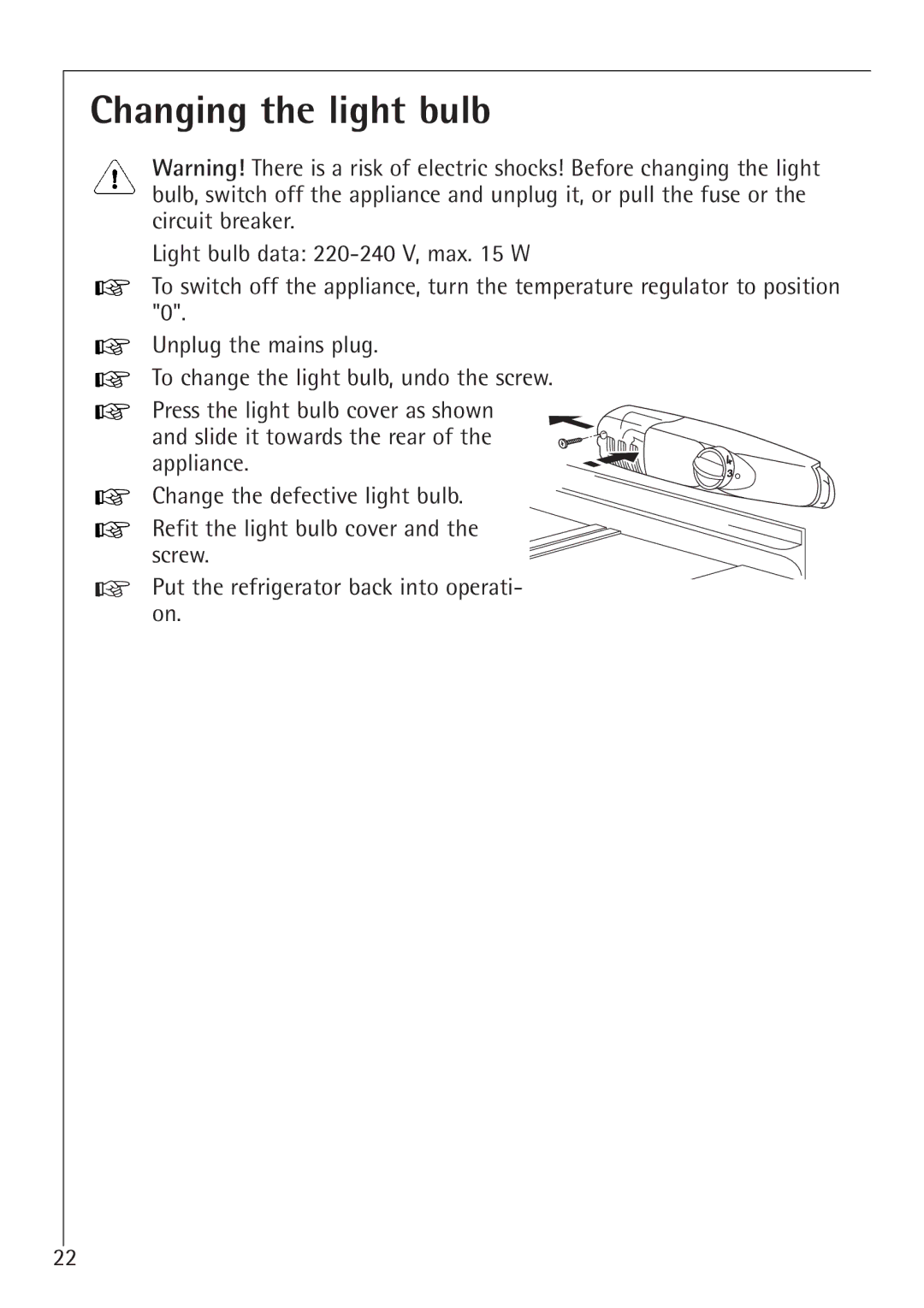 AEG 1450-7 TK manual Changing the light bulb 