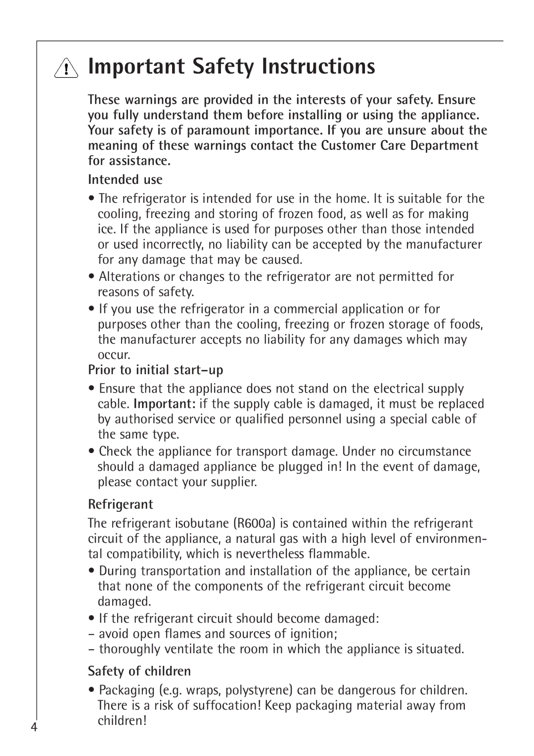 AEG 1450-7 TK manual Important Safety Instructions, Prior to initial start-up, Refrigerant, Safety of children 