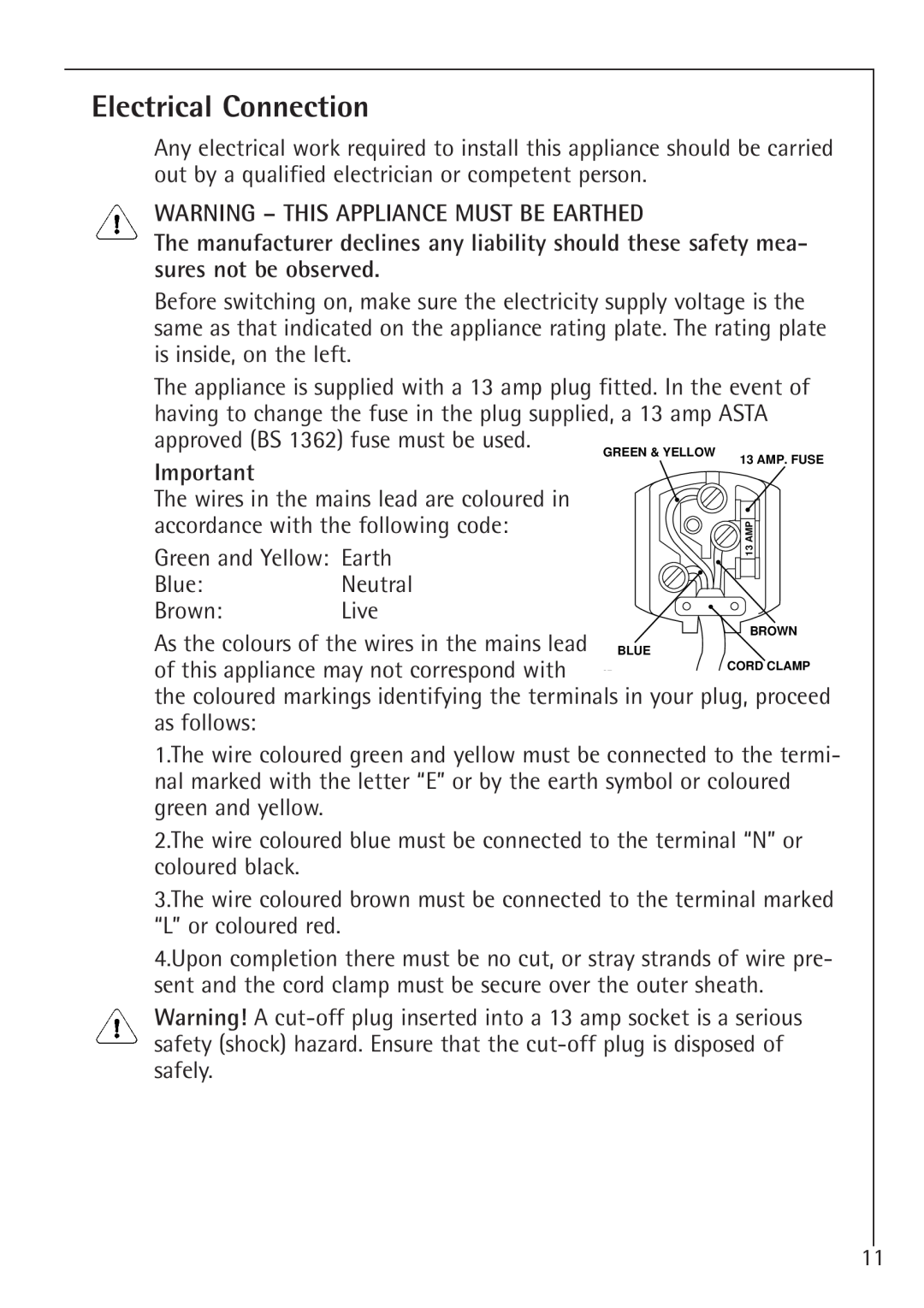 AEG 1450-7 TK manual Electrical Connection, Warning - This Appliance Must Be Earthed 
