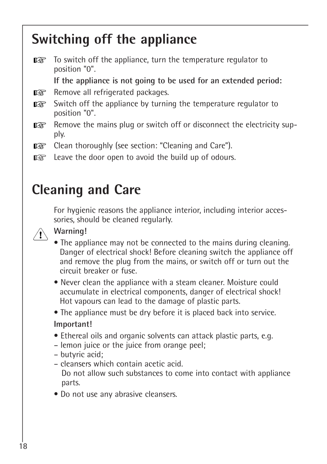 AEG 1450-7 TK manual Switching off the appliance, Cleaning and Care 
