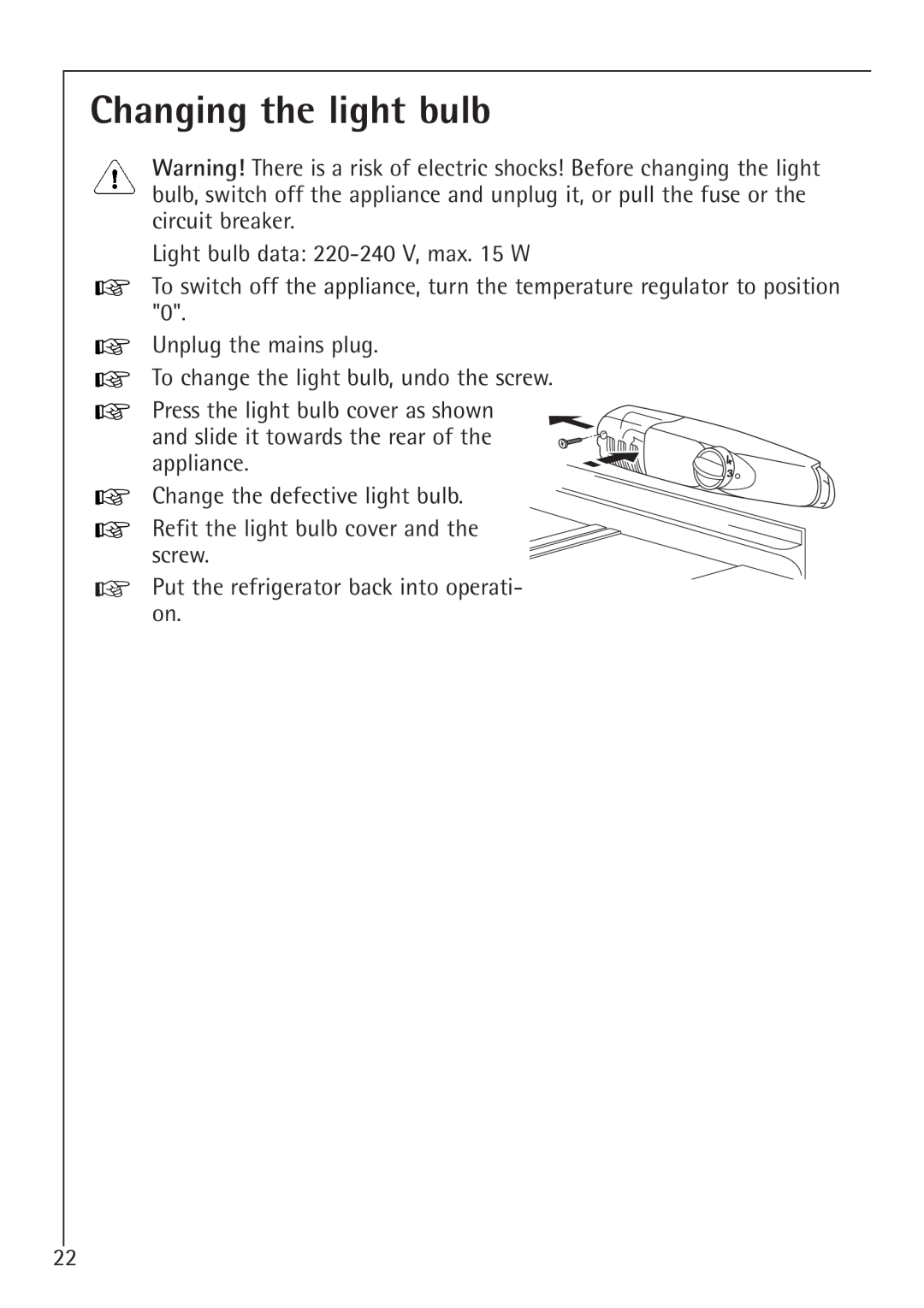 AEG 1450-7 TK manual Changing the light bulb 