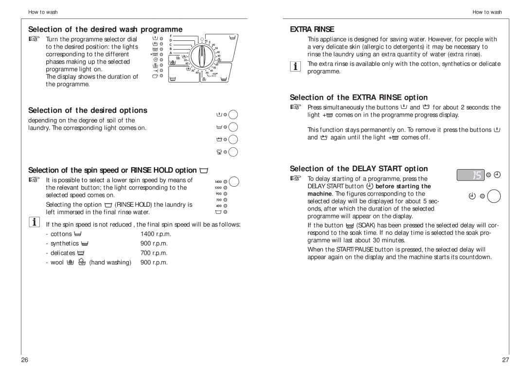 AEG 14800 manual Selection of the desired wash programme, Selection of the spin speed or Rinse Hold option 