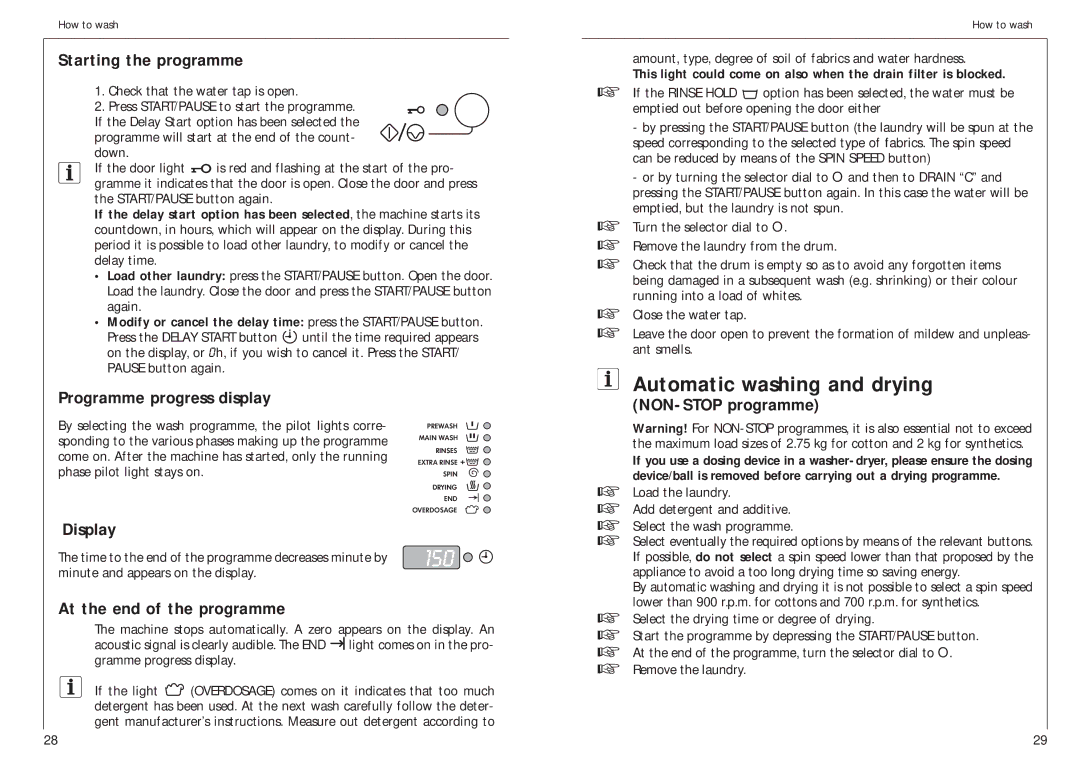 AEG 14800 manual Automatic washing and drying, Starting the programme, NON-STOP programme, At the end of the programme 