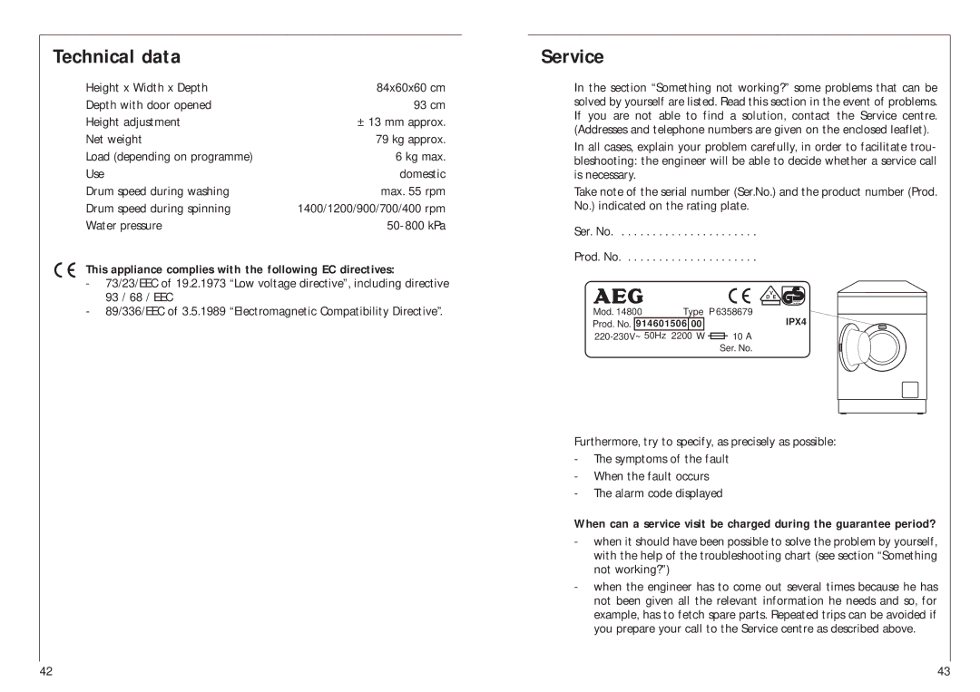 AEG 14800 manual Technical data, Service, This appliance complies with the following EC directives 