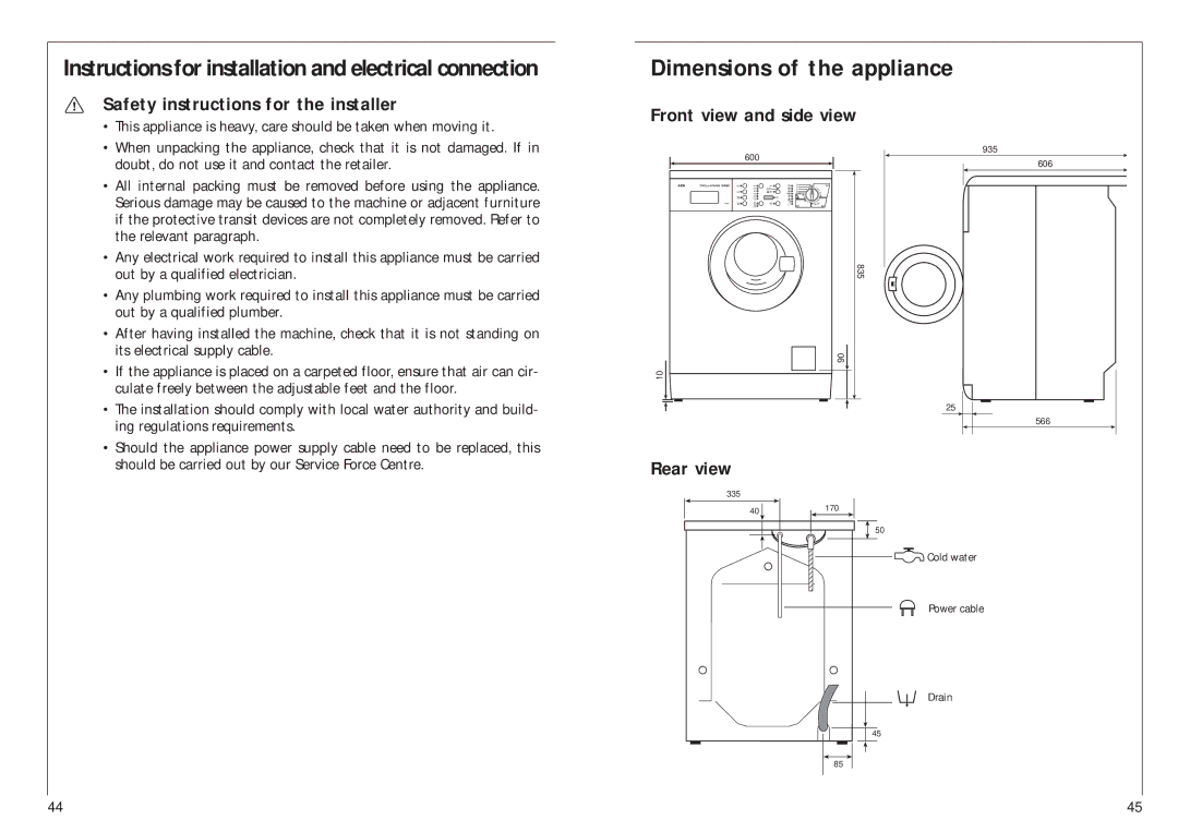 AEG 14800 manual Dimensions of the appliance, Rear view 