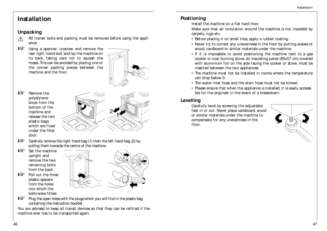 AEG 14800 manual Installation, Unpacking, Positioning, Levelling 