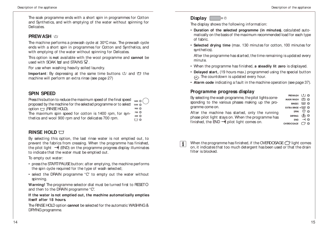 AEG 14800 manual Display, Programme progress display, Option, Thetics and wool 900 rpm and for delicates 700 rpm 