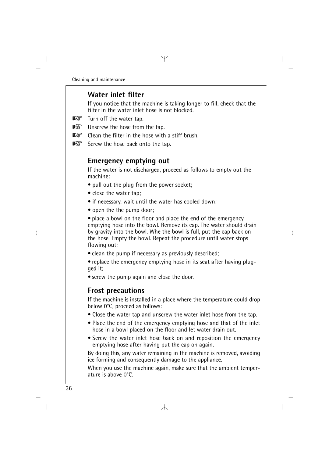 AEG 14820 manual Water inlet filter, Emergency emptying out, Frost precautions 