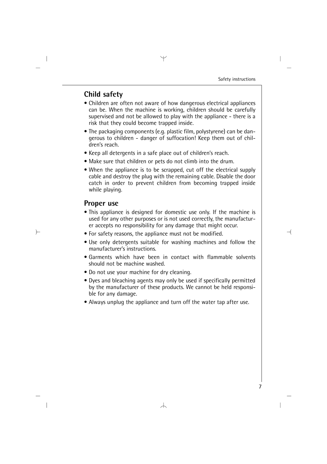 AEG 14820 manual Child safety, Proper use 