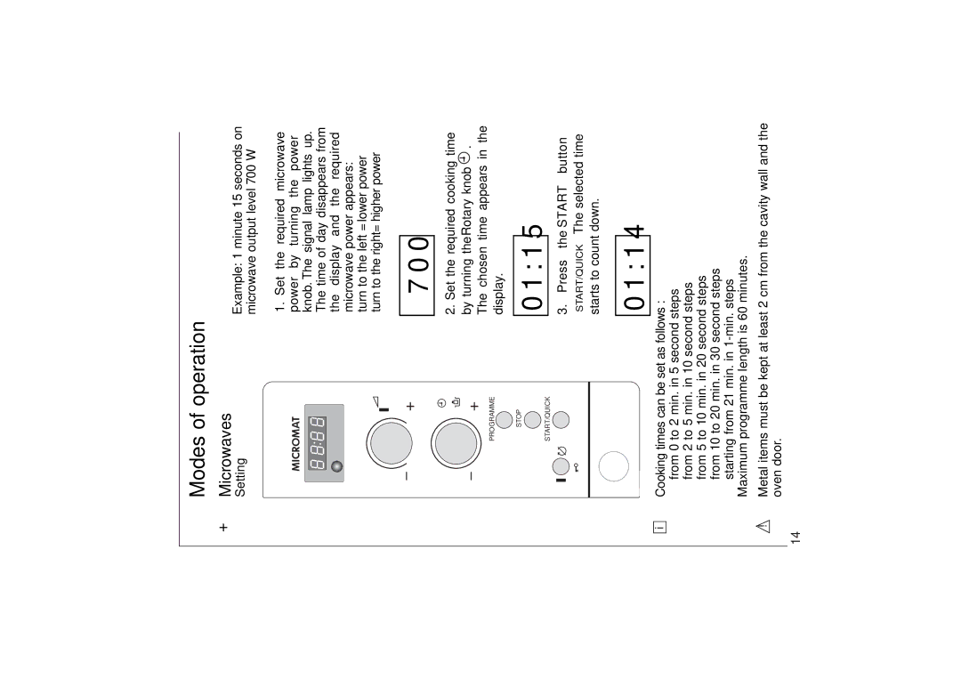 AEG 153 E manual Modes of operation, Setting, Example 1 minute 15 seconds on microwave output level 700 W 