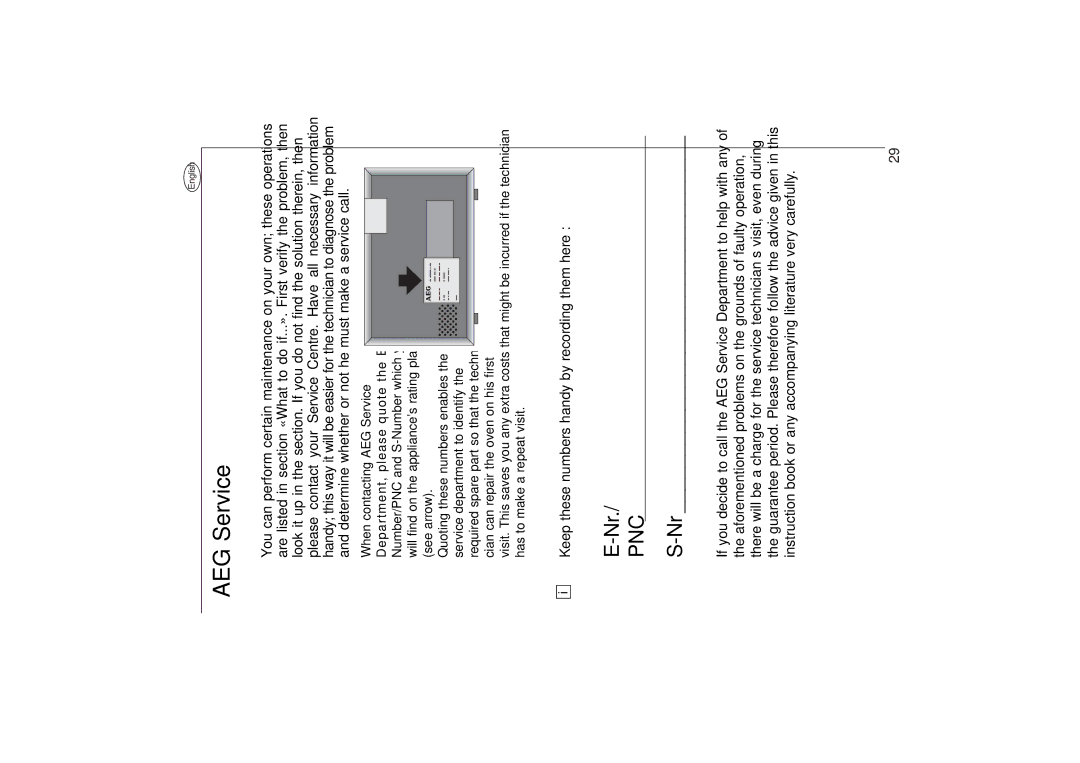 AEG 153 E manual AEG Service, Keep these numbers handy by recording them here, Pnc 