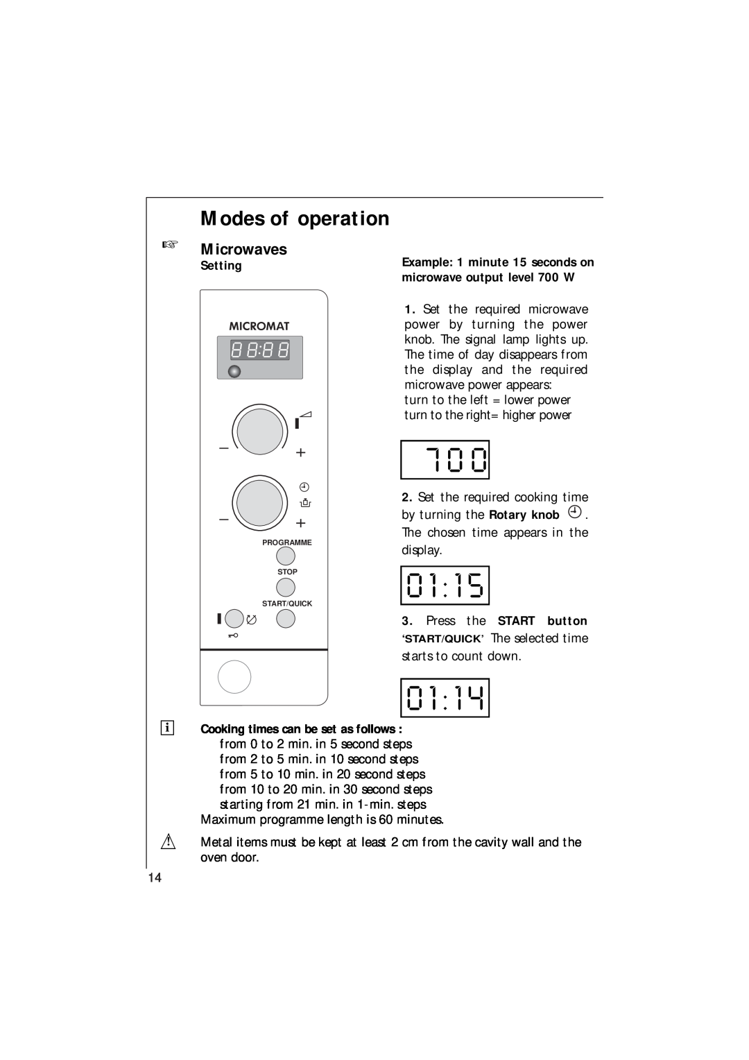 AEG 153 E manual Modes of operation, Setting, 0 1, Microwaves, Programme Stop Start/Quick, Tageszeitaten Betriebsd 