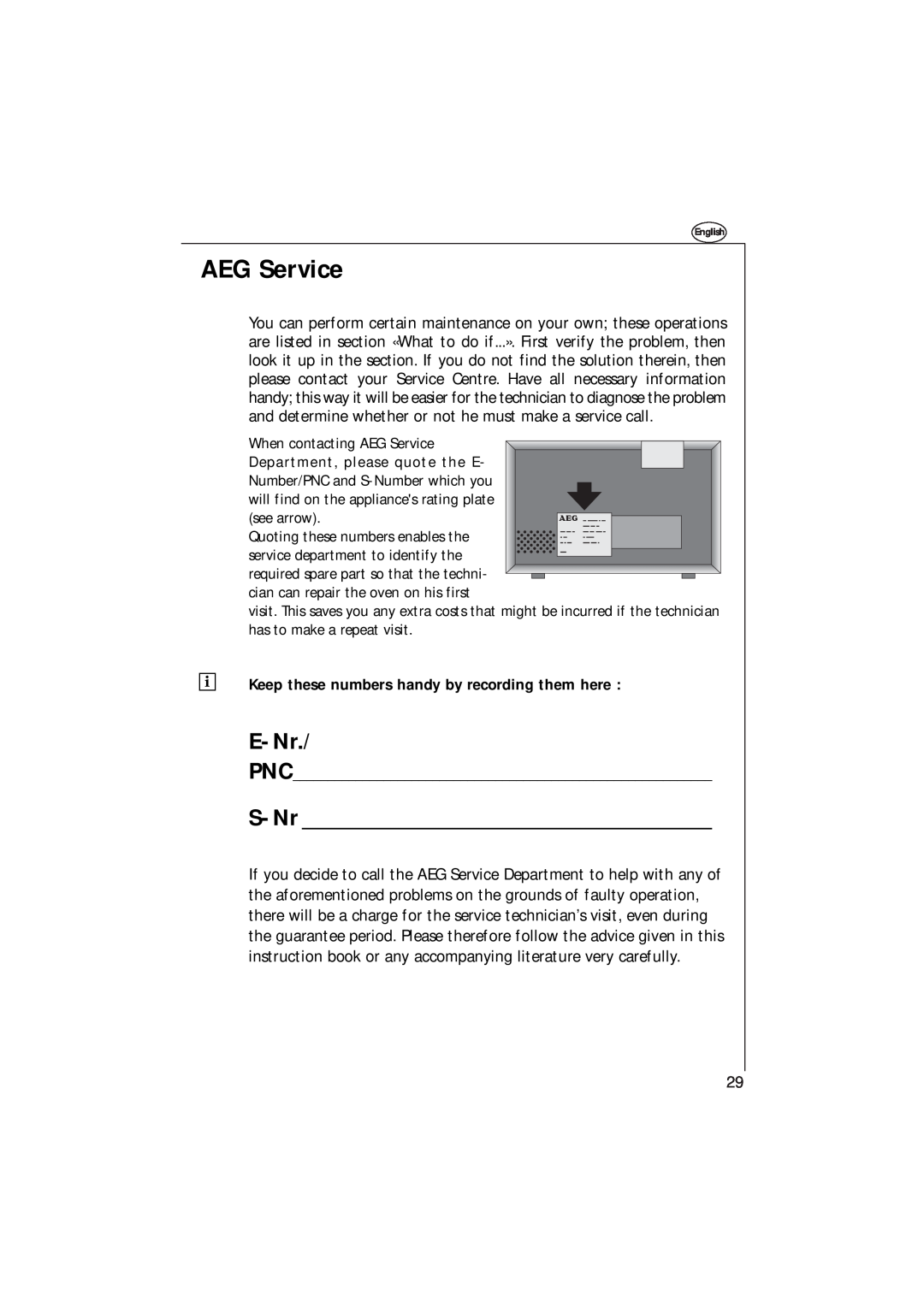 AEG 153 E manual AEG Service, Keep these numbers handy by recording them here, E-Nr, S-Nr 
