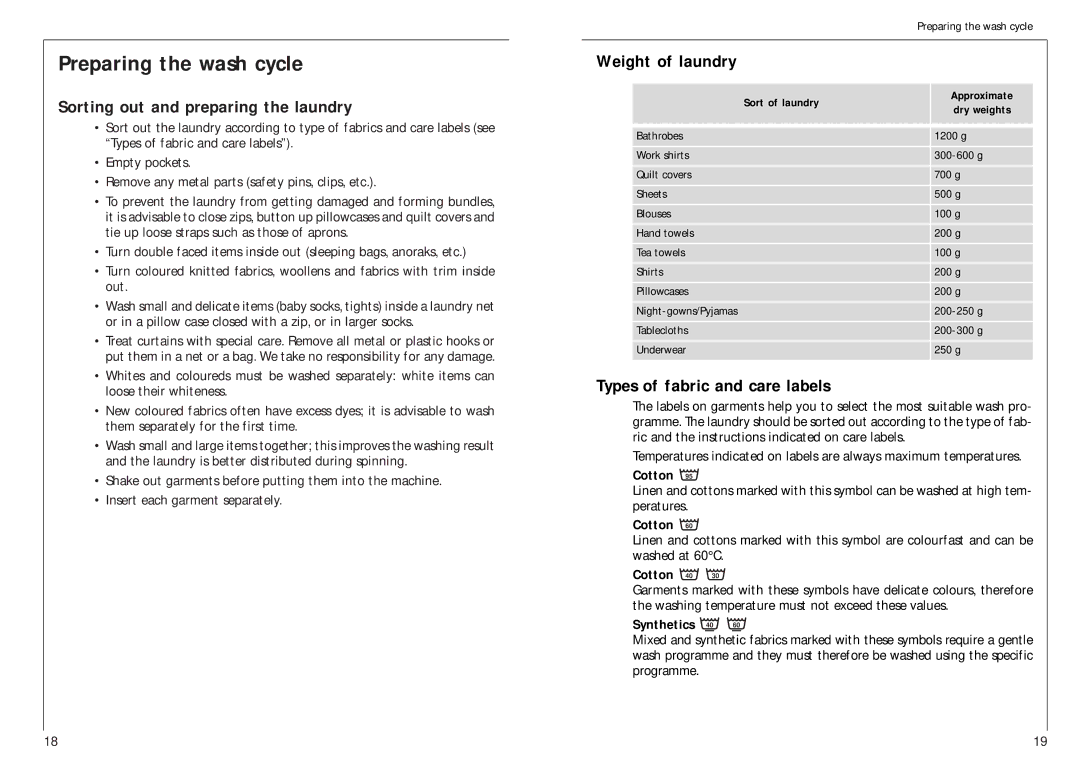 AEG 1576 T manual Preparing the wash cycle, Sorting out and preparing the laundry, Types of fabric and care labels 