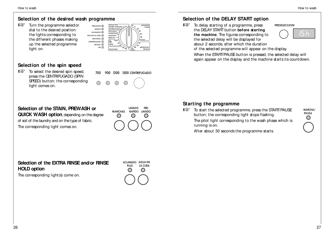 AEG 1576 T manual Selection of the desired wash programme, Selection of the Delay Start option, Selection of the spin speed 