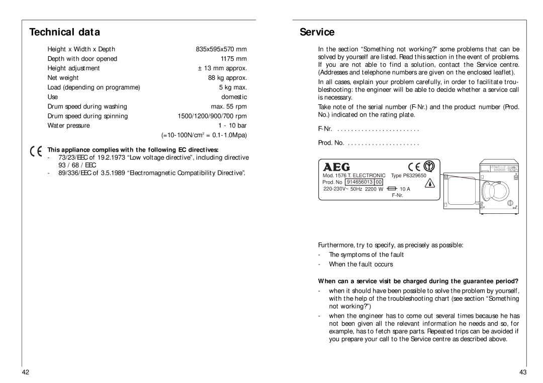 AEG 1576 T manual Technical data, Service, This appliance complies with the following EC directives 