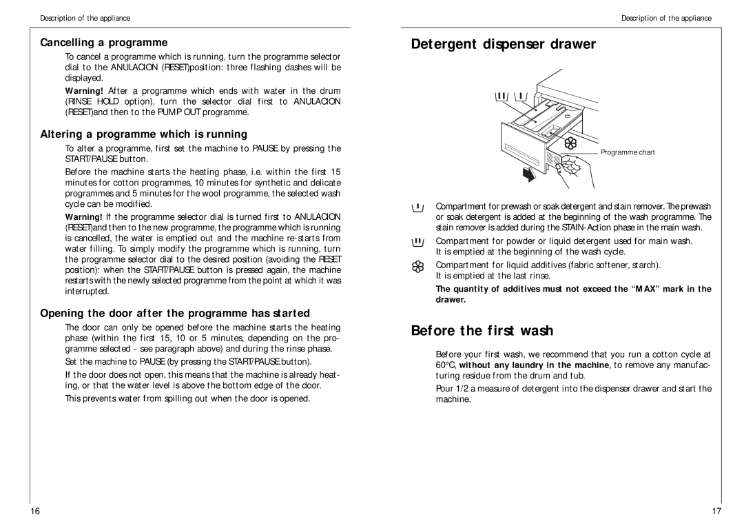 AEG 1576 T manual Detergent dispenser drawer, Before the first wash, Cancelling a programme 