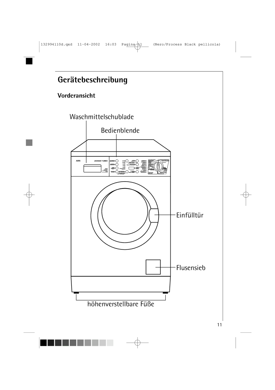 AEG 16810 manual Gerätebeschreibung, Vorderansicht 