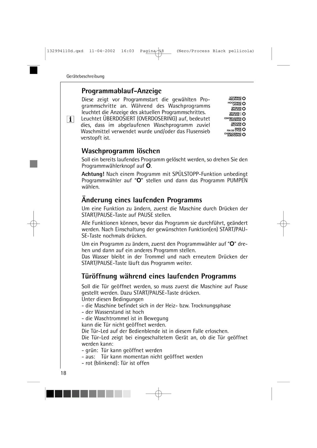 AEG 16810 manual Programmablauf-Anzeige, Waschprogramm löschen, Änderung eines laufenden Programms 