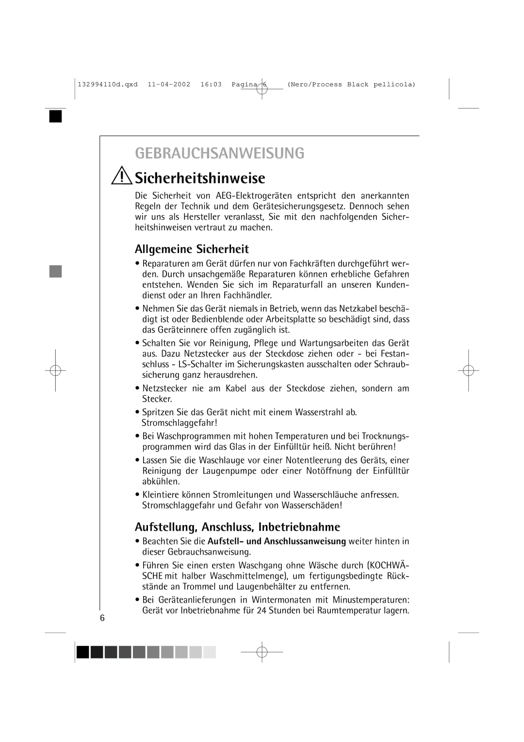 AEG 16810 manual Sicherheitshinweise, Allgemeine Sicherheit, Aufstellung, Anschluss, Inbetriebnahme 