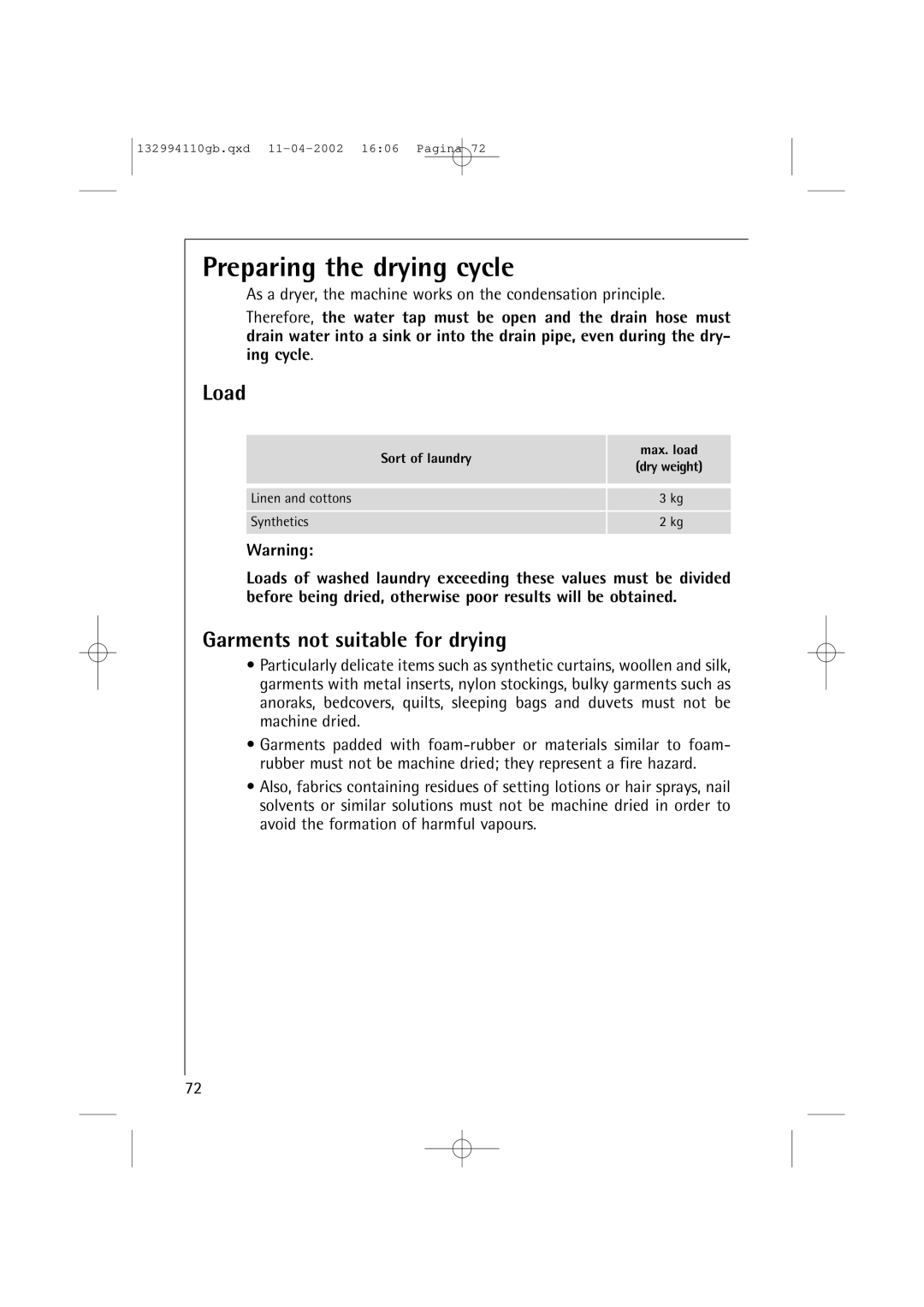 AEG 16810 manual Preparing the drying cycle, Load, Garments not suitable for drying, Sort of laundry Max. load 