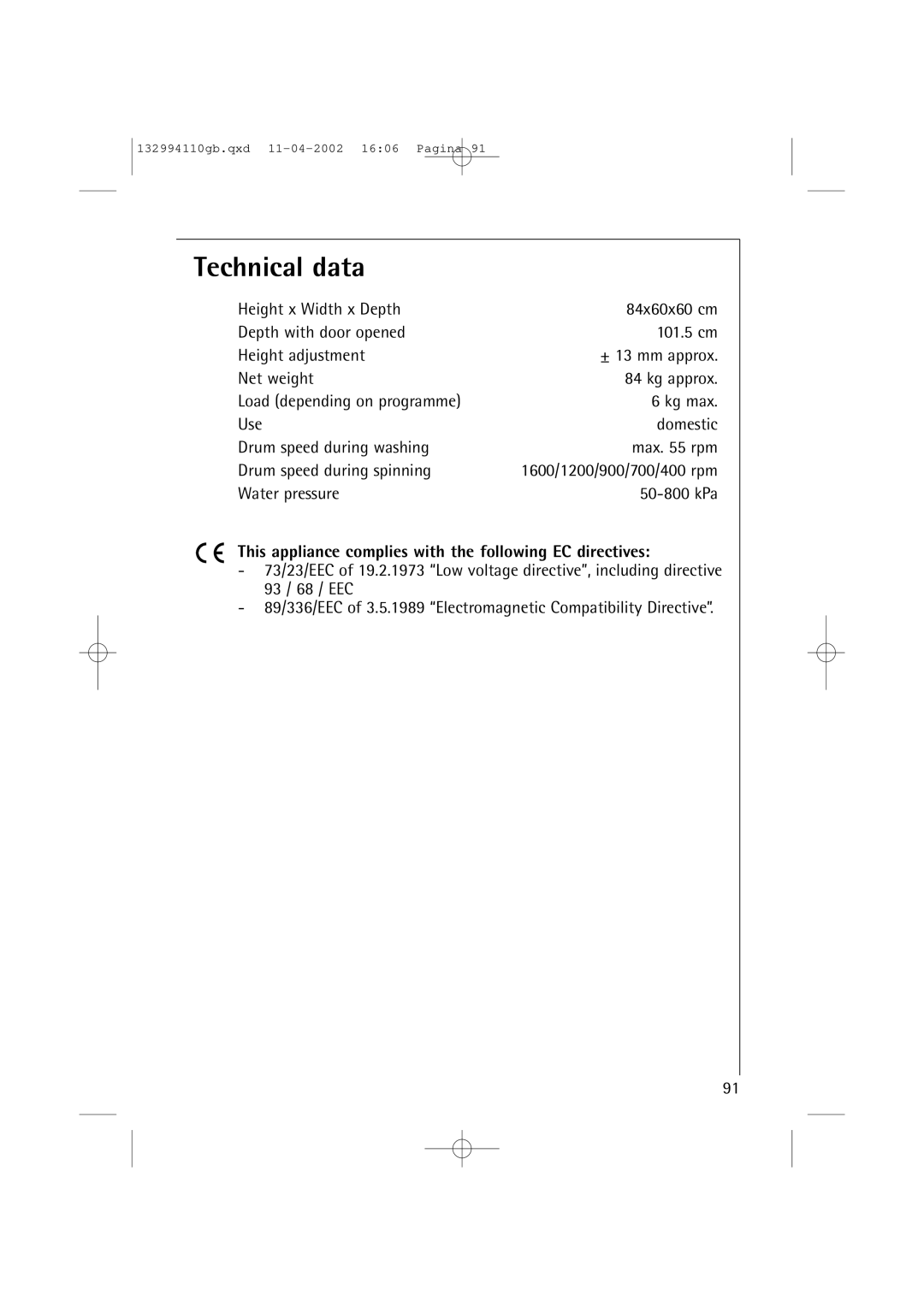 AEG 16810 manual Technical data, Water pressure 50-800 kPa, This appliance complies with the following EC directives 