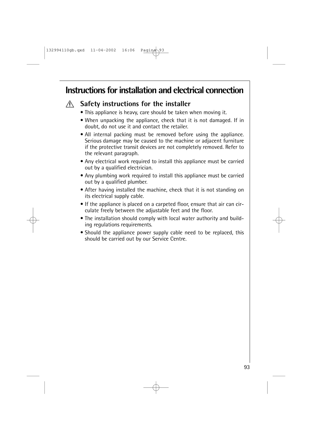 AEG 16810 manual Instructions for installation and electrical connection, Safety instructions for the installer 