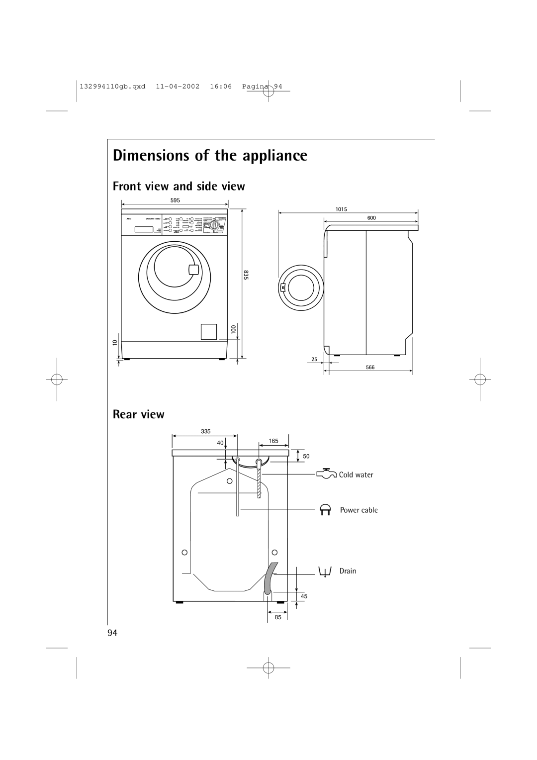 AEG 16810 manual Dimensions of the appliance, Front view and side view, Rear view 