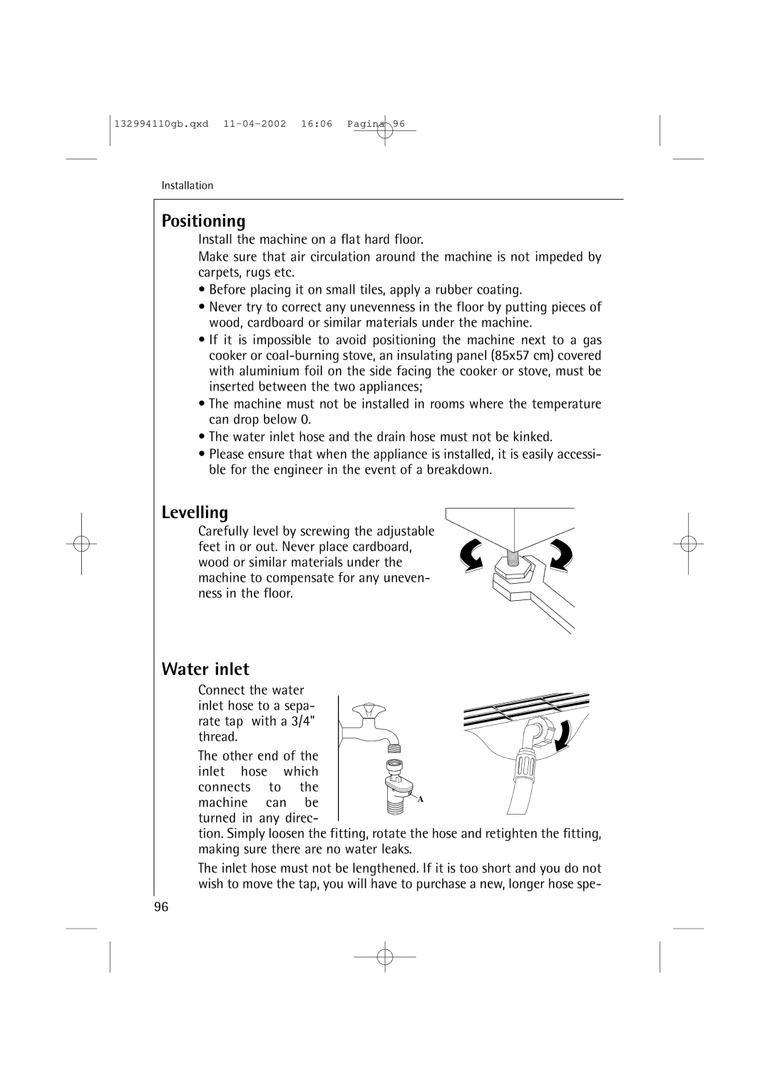 AEG 16810 manual Positioning, Levelling, Water inlet 