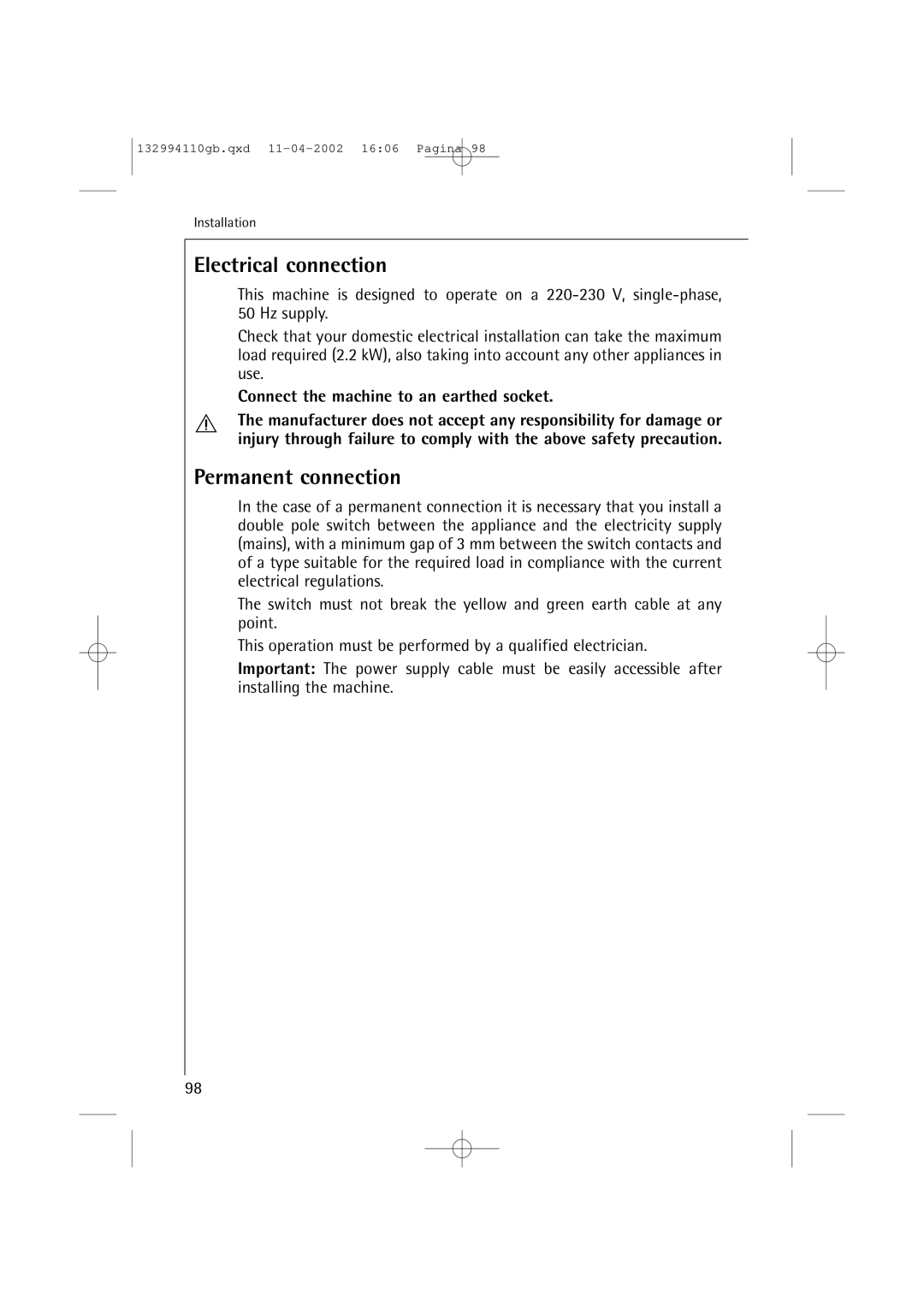 AEG 16810 manual Electrical connection, Permanent connection, Connect the machine to an earthed socket 