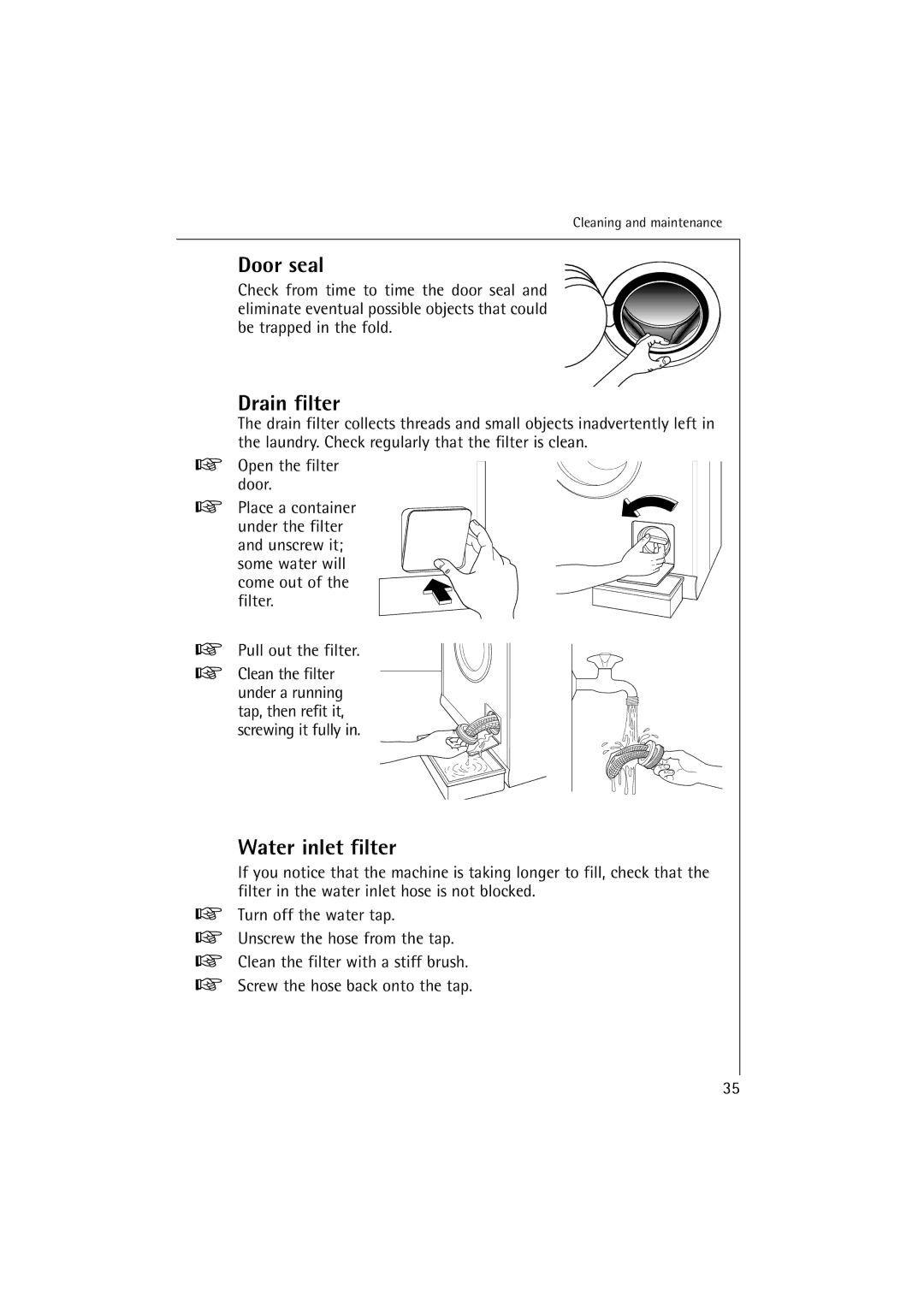 AEG 16810 manual Door seal, Drain filter, Water inlet filter 