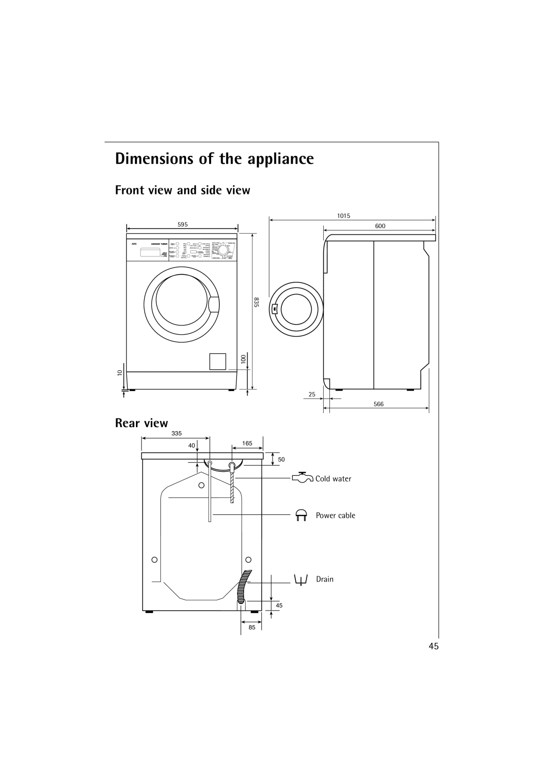 AEG 16810 manual Front view and side view, Rear view 