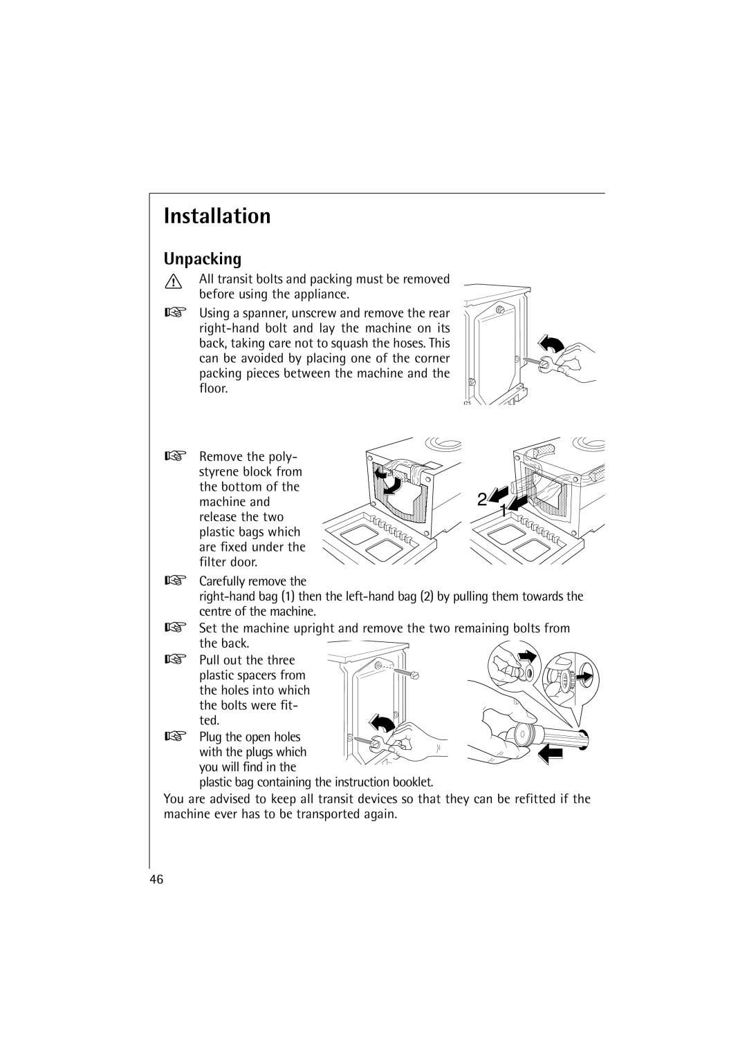 AEG 16810 manual Installation, Unpacking 