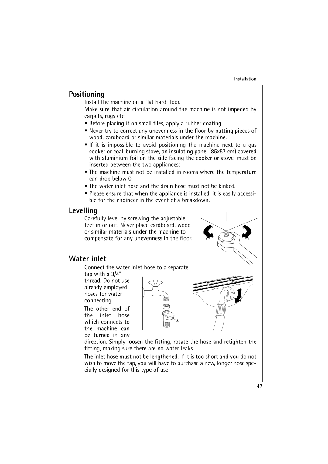 AEG 16810 manual Positioning, Levelling, Water inlet 