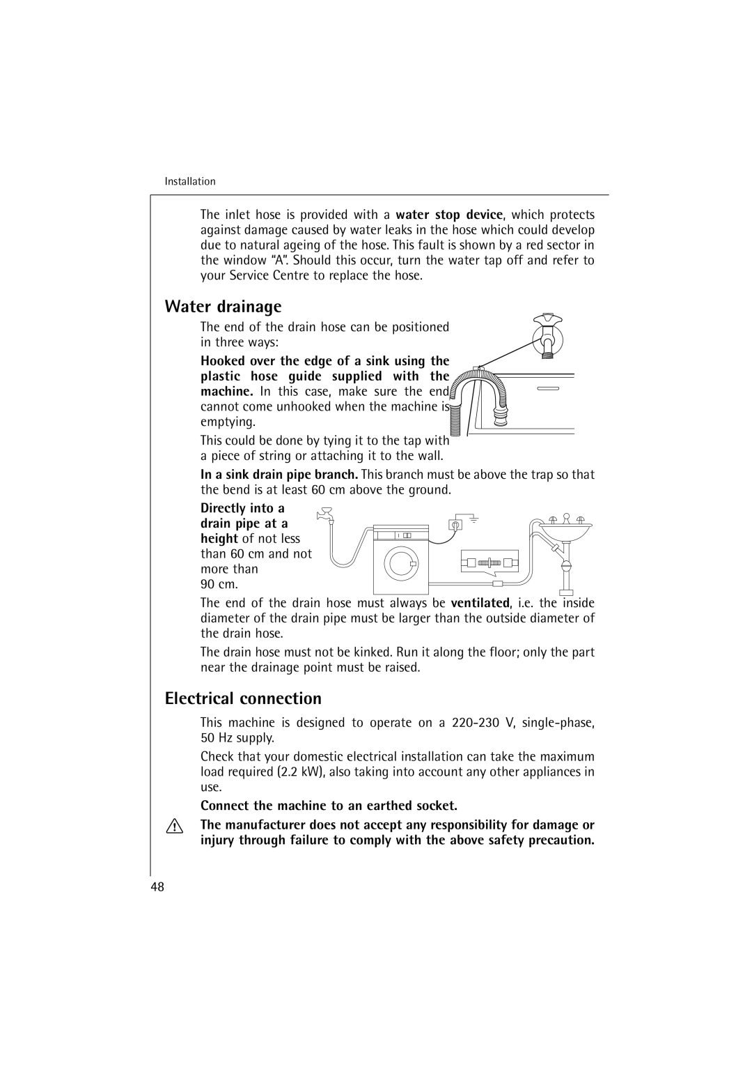 AEG 16810 manual Water drainage, Electrical connection, Connect the machine to an earthed socket 