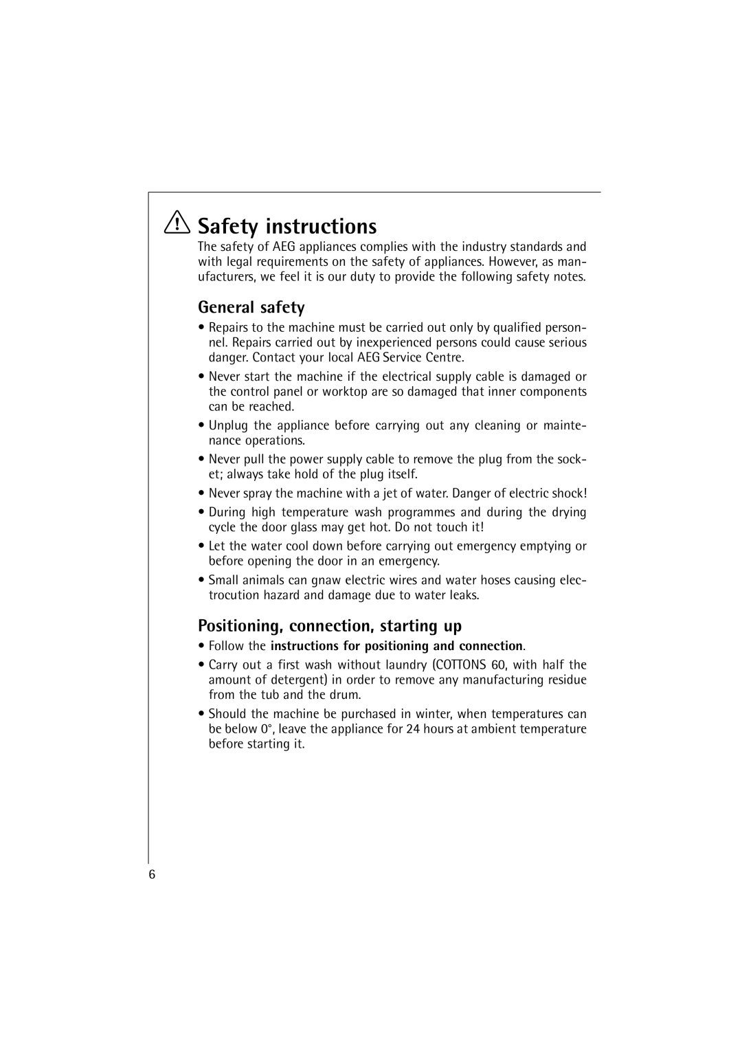 AEG 16810 manual Safety instructions, General safety, Positioning, connection, starting up 