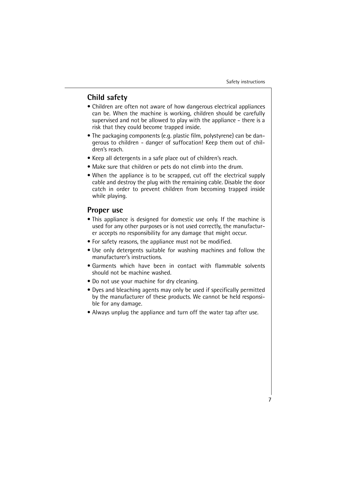 AEG 16810 manual Child safety, Proper use 