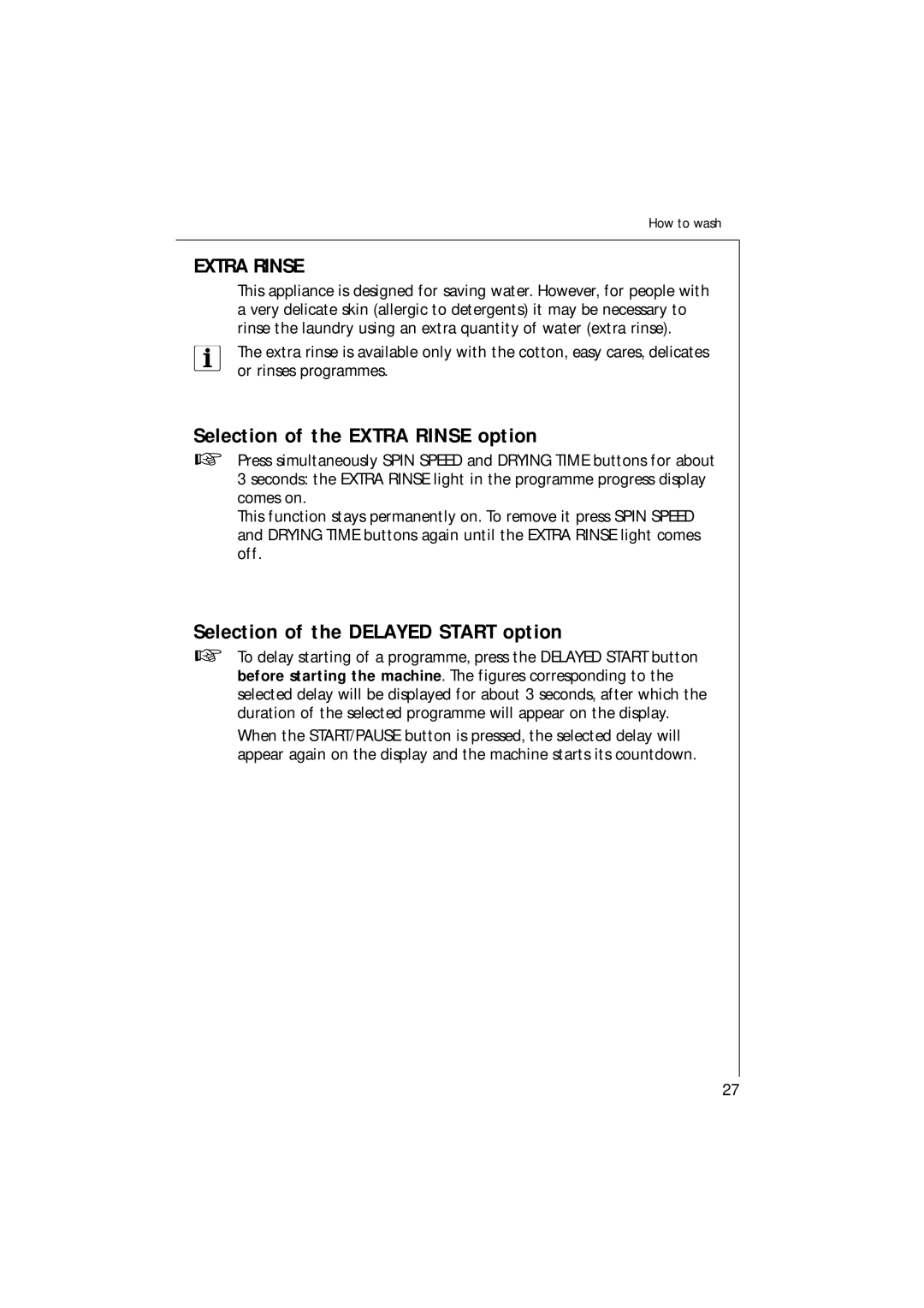 AEG 16820 manual Selection of the Extra Rinse option, Selection of the Delayed Start option 