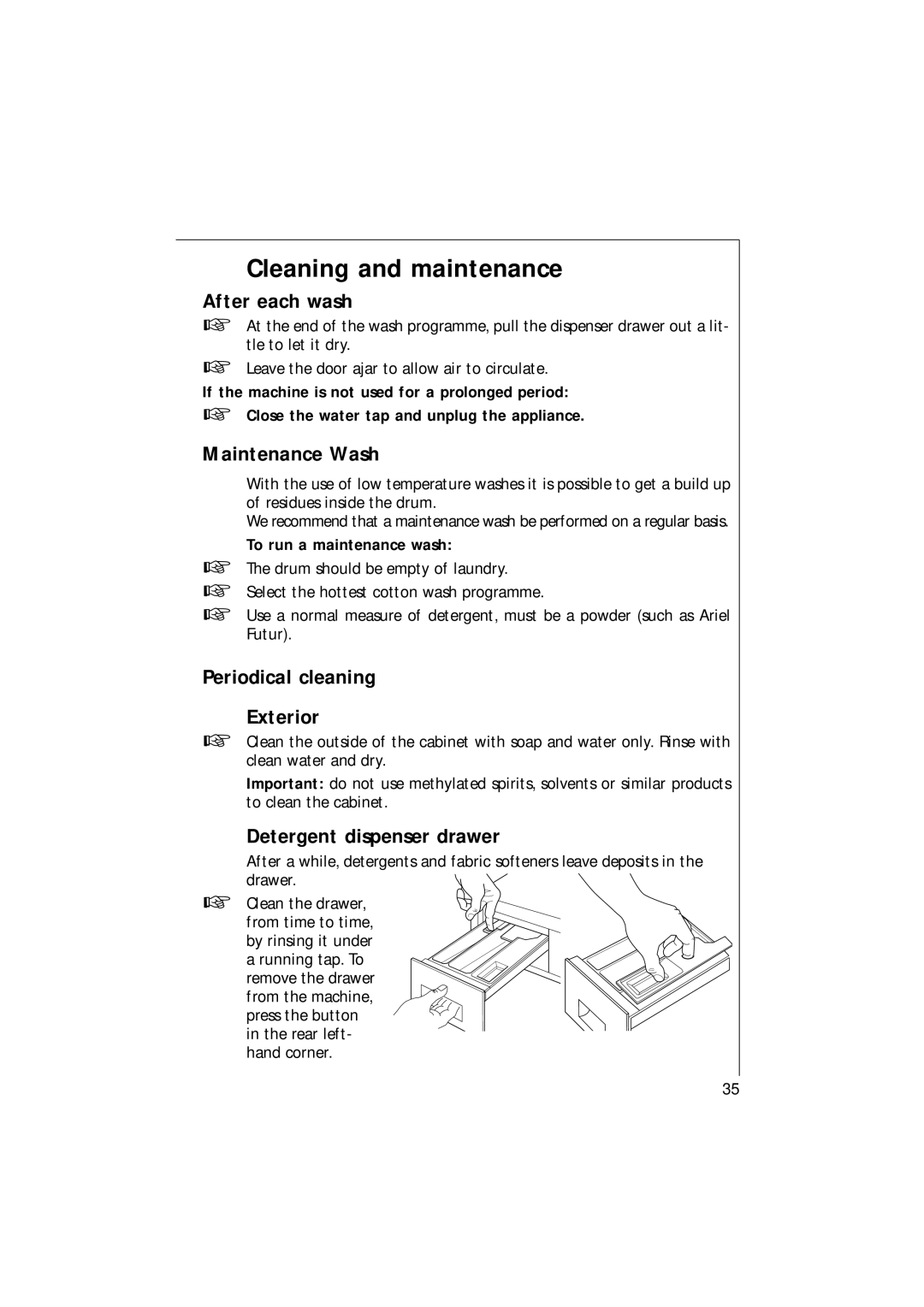 AEG 16820 manual Cleaning and maintenance, After each wash, Maintenance Wash, Periodical cleaning Exterior 