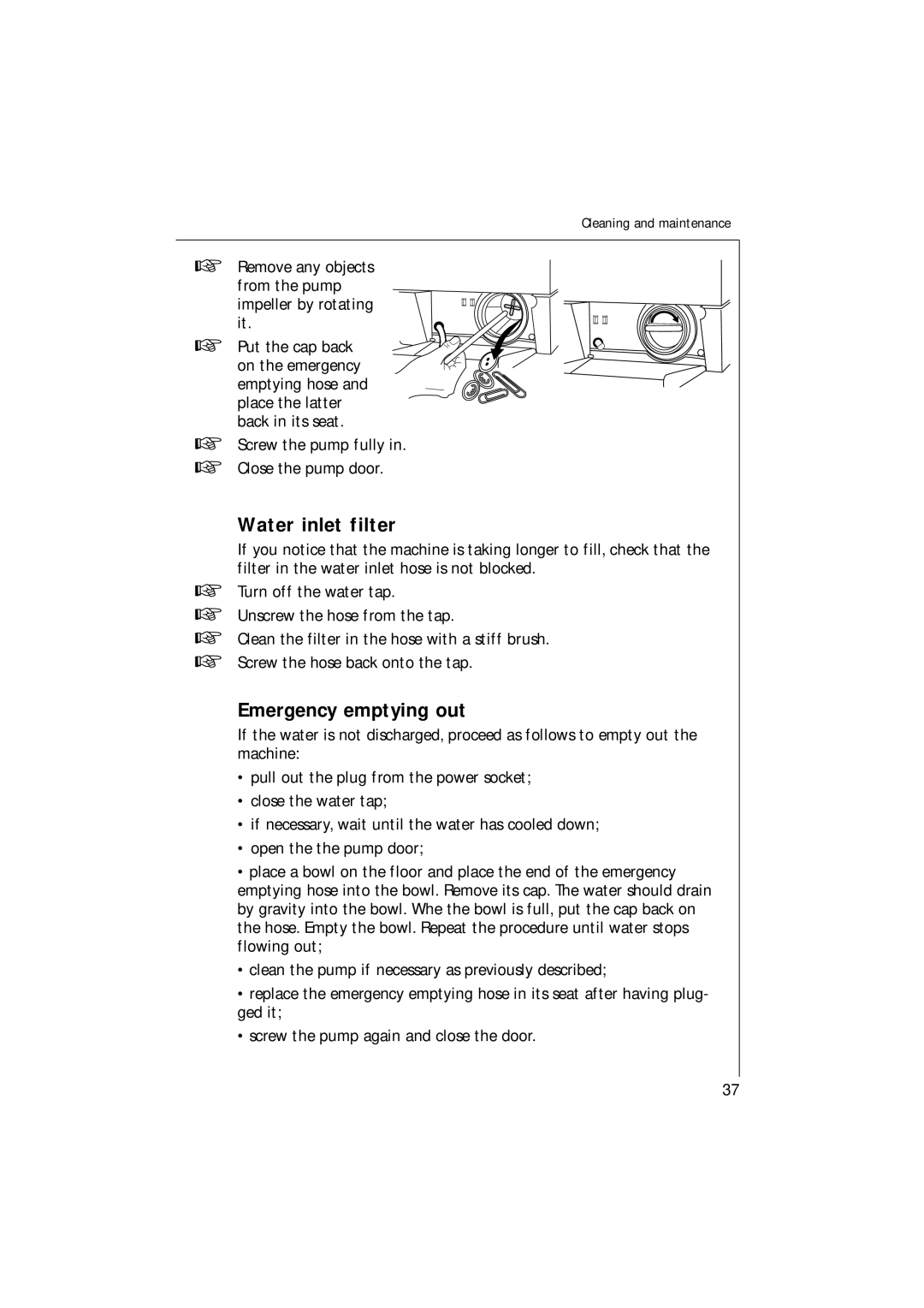 AEG 16820 manual Water inlet filter, Emergency emptying out 