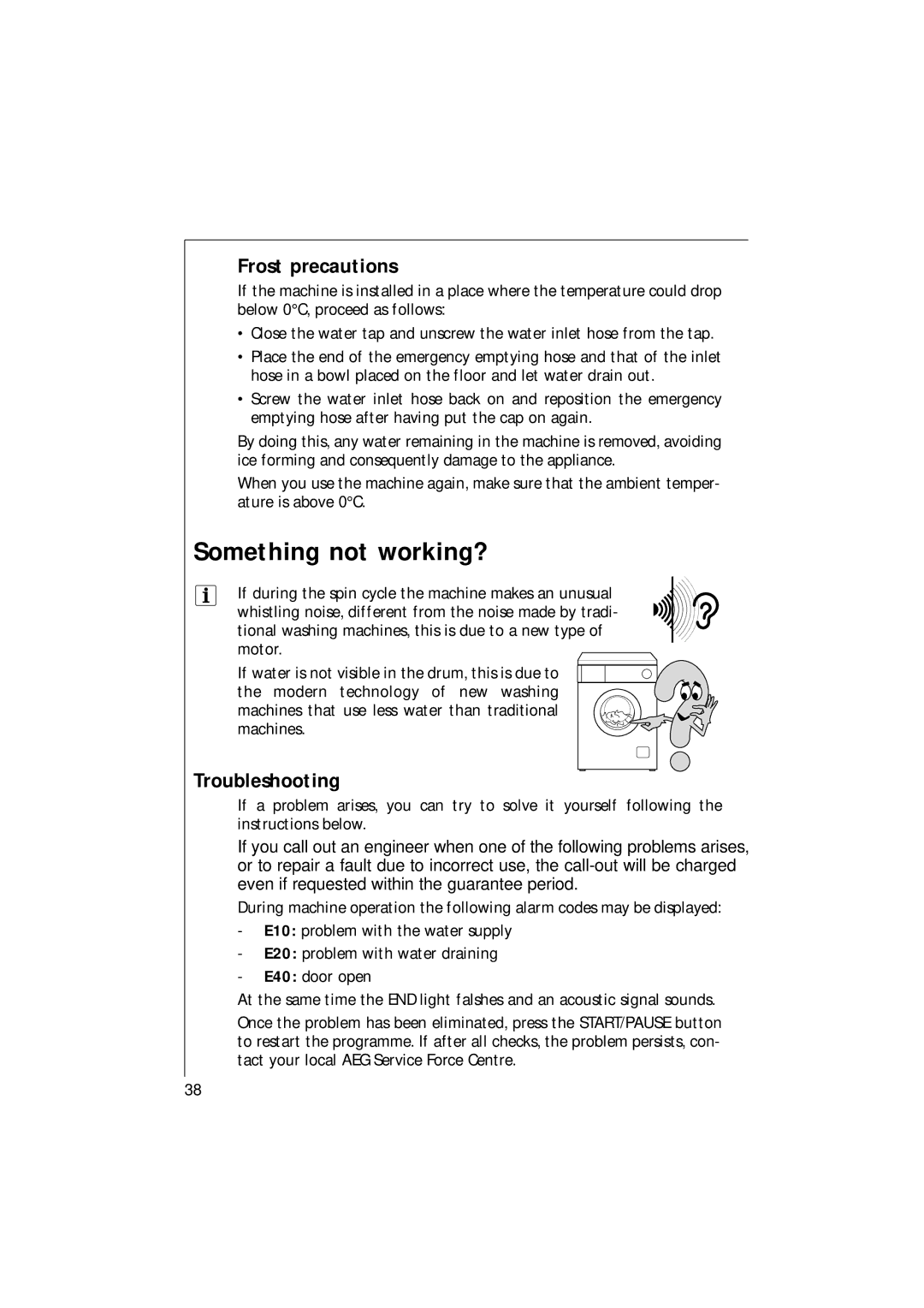 AEG 16820 manual Something not working?, Frost precautions, Troubleshooting 