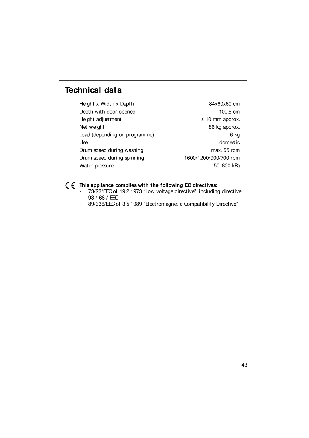 AEG 16820 manual Technical data, This appliance complies with the following EC directives 