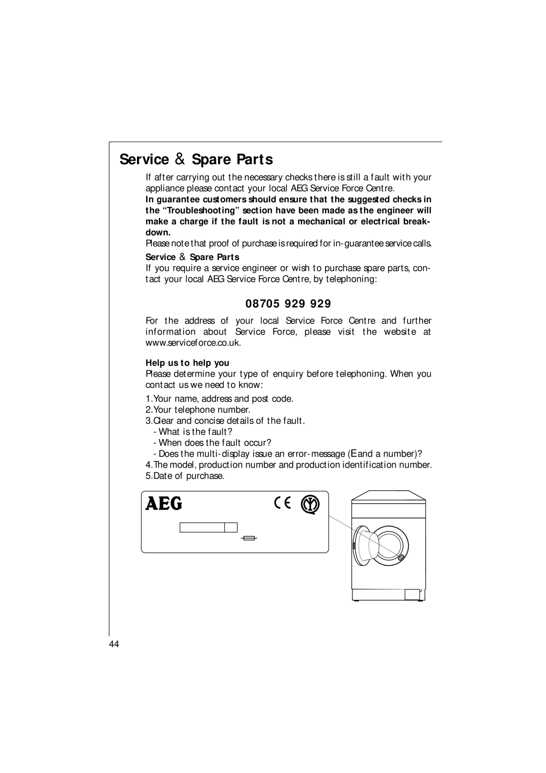 AEG 16820 manual Service & Spare Parts, 08705 929, Help us to help you 