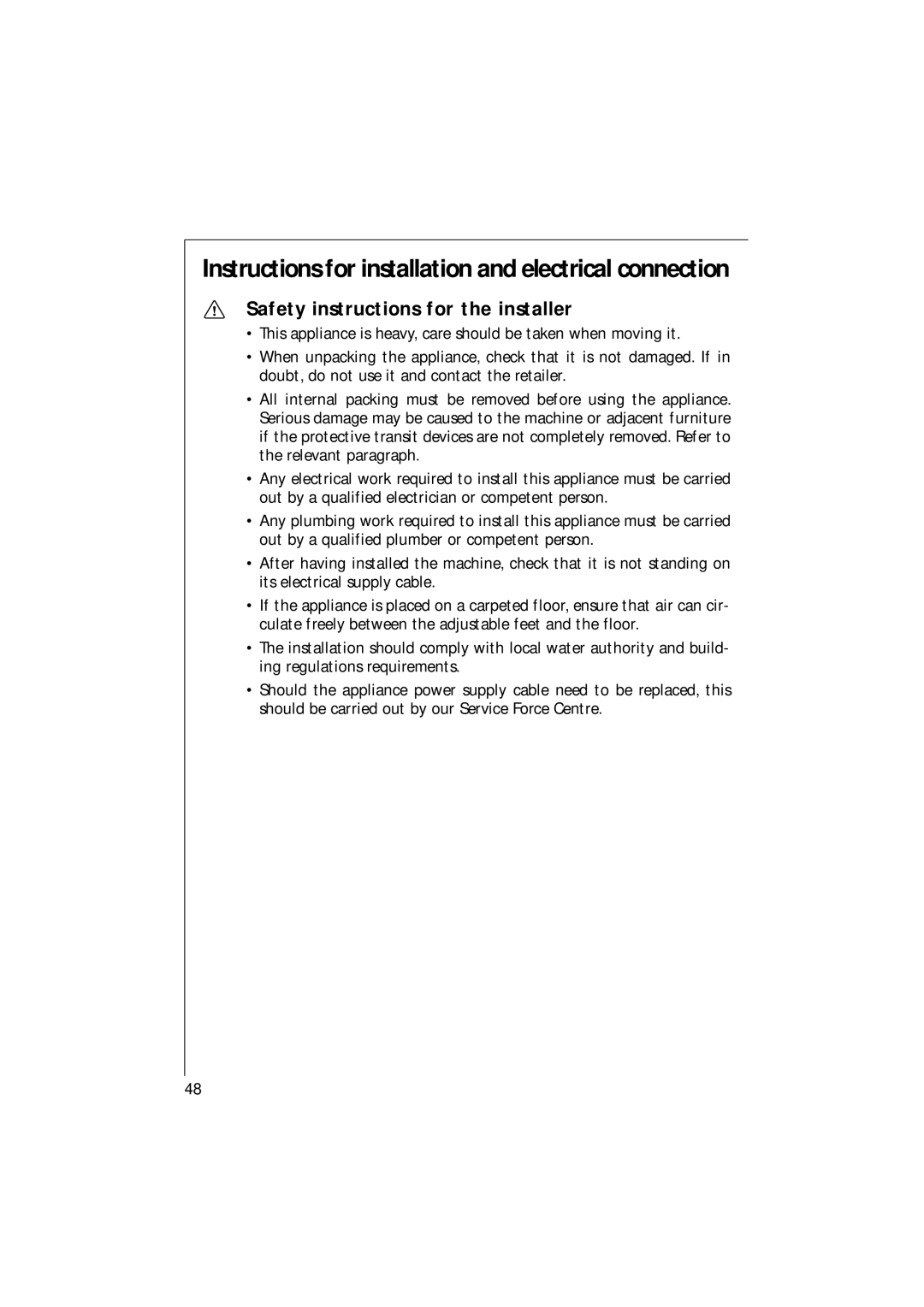 AEG 16820 manual Instructions for installation and electrical connection, Safety instructions for the installer 