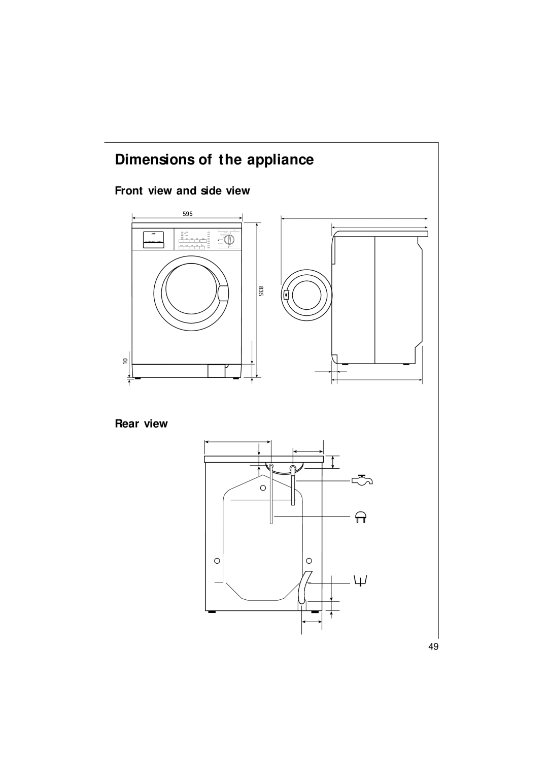 AEG 16820 manual Dimensions of the appliance, Front view and side view, Rear view 