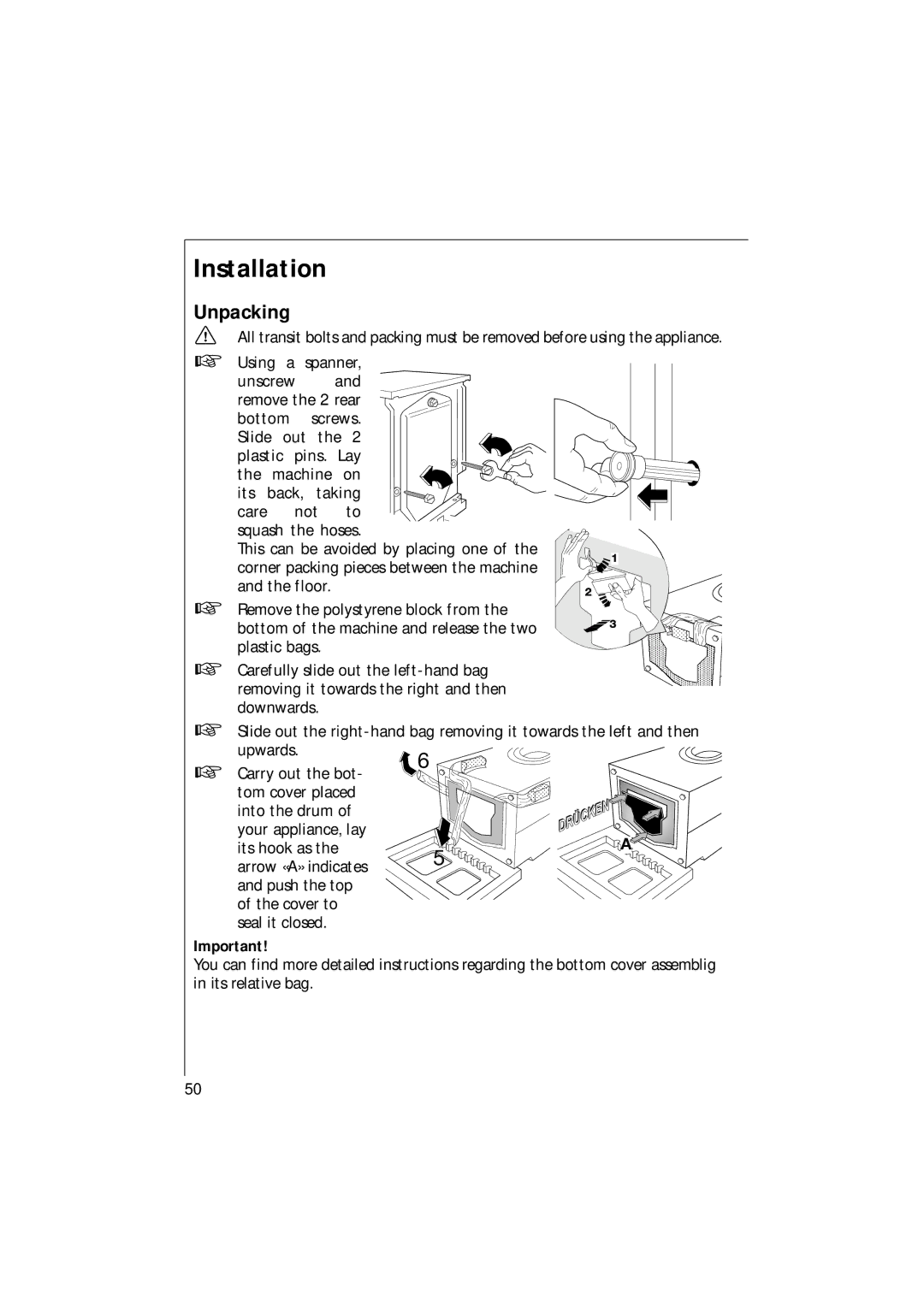 AEG 16820 manual Installation, Unpacking 