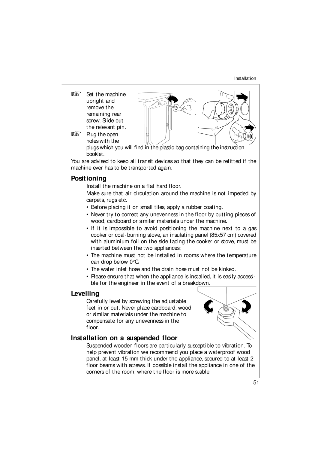 AEG 16820 manual Positioning, Levelling, Installation on a suspended floor 