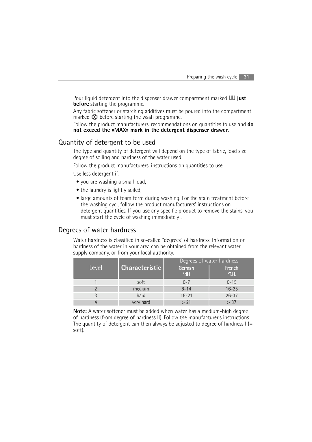 AEG 16850 user manual Quantity of detergent to be used, Degrees of water hardness 